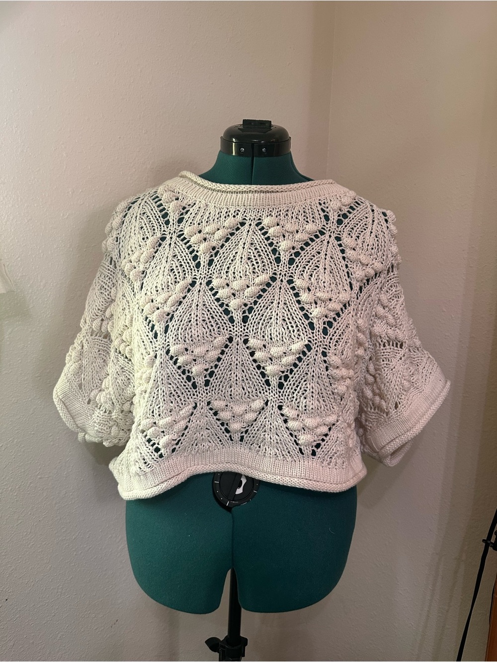 Altar'd State Cream Crochet Boxy Short Sleeve Sweater